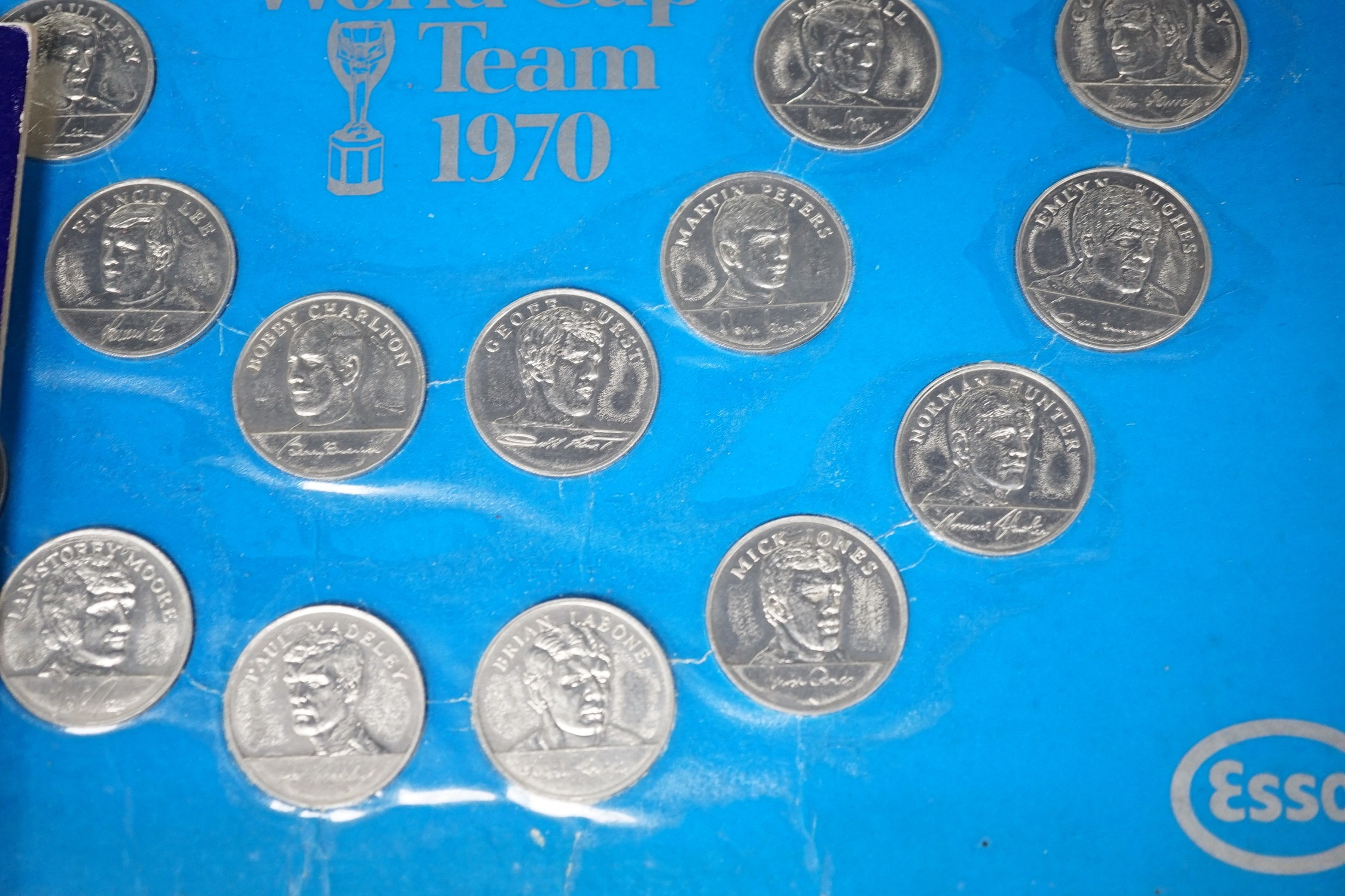 Shell and Esso collector's medals and coins for 1970 World cup, man in flight and FA cup centenary 1872-1972